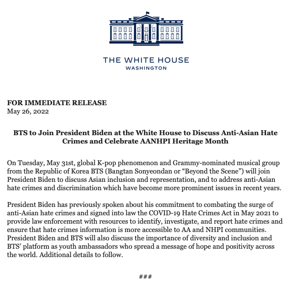 BTSTaehyungTHV's tweet image. K-pop group @BTS_twt will join @POTUS next Tuesday "to discuss Asian inclusion and representation, and to address anti-Asian hate crimes and discrimination which have become more prominent issues in recent years," announces the @WhiteHouse. #BTS #AANHPI