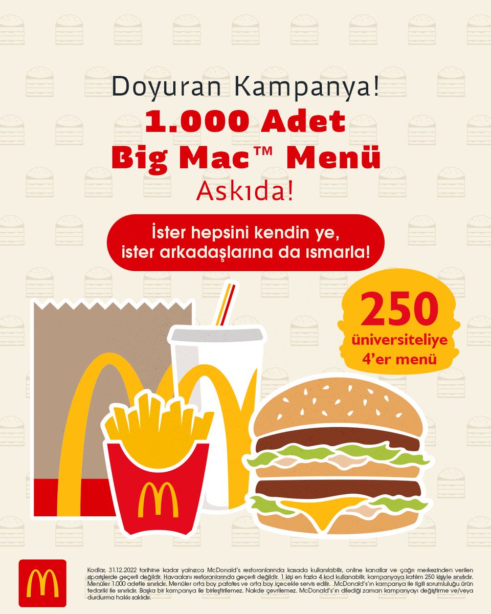 McDonald’s’ın desteğiyle 1.000 Adet Big Mac™ Menü askıda! <a href="/askidanevar/">Askıda Ne Var</a> ve <a href="/McDonaldsTR/">McDonald's Türkiye</a> hesaplarını takip edip bu tweet’i RT’leyen 250 üniversiteliye 4 adet Big Mac™ Menü hediye! İster hepsini kendin ye, ister arkadaşlarına ısmarla! #McDonaldsGibisiYok