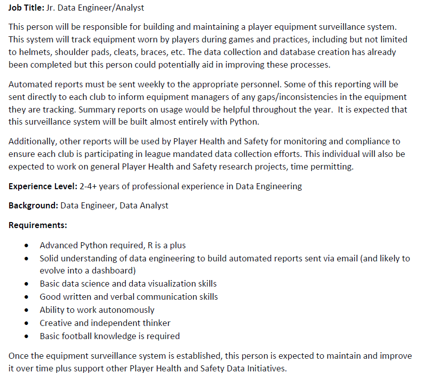 Come work with the NFL on my team! We're hiring a Jr. Data Engineer/Analyst to help build out an equipment tracking reporting system. The main skills we're looking for are adv Python skills for automation of database pulls, report generation, and emails/notifications...