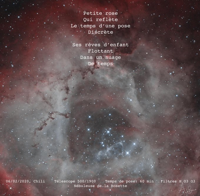 Air2Air6's tweet photo. Day 6 of the #artchallenge. I was nominated by the amazing artist 
@GraphicalPoet
 
This is Rosetta nebula, from my french astro-poem collection

I'd like to nominate the crypto-poet 
@OddWritings
 
Post your work and nominate an artist daily for the next 10 days https://t.co/96RTaKtHxy