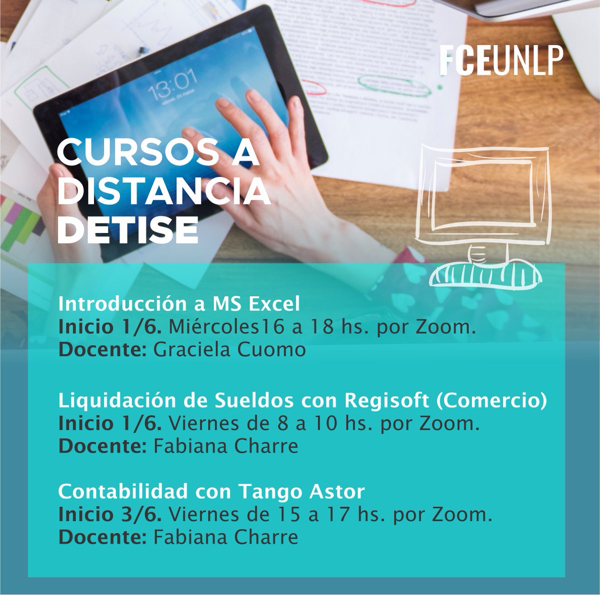 economicas_unlp's tweet photo. 🖥️Cursos extracurriculares a distancia organizados por el #DeTISE para estudiantes de nuestra Facultad:
🔸1/6: Liquidación de Sueldos con #Regisoft
🔹1/6: Introducción a #Excel
🔸3/6: Contabilidad con #Tango
👉+info e inscripción en 🔗https://t.co/OmlX9vJ2Wq https://t.co/cBUcTaQPSG