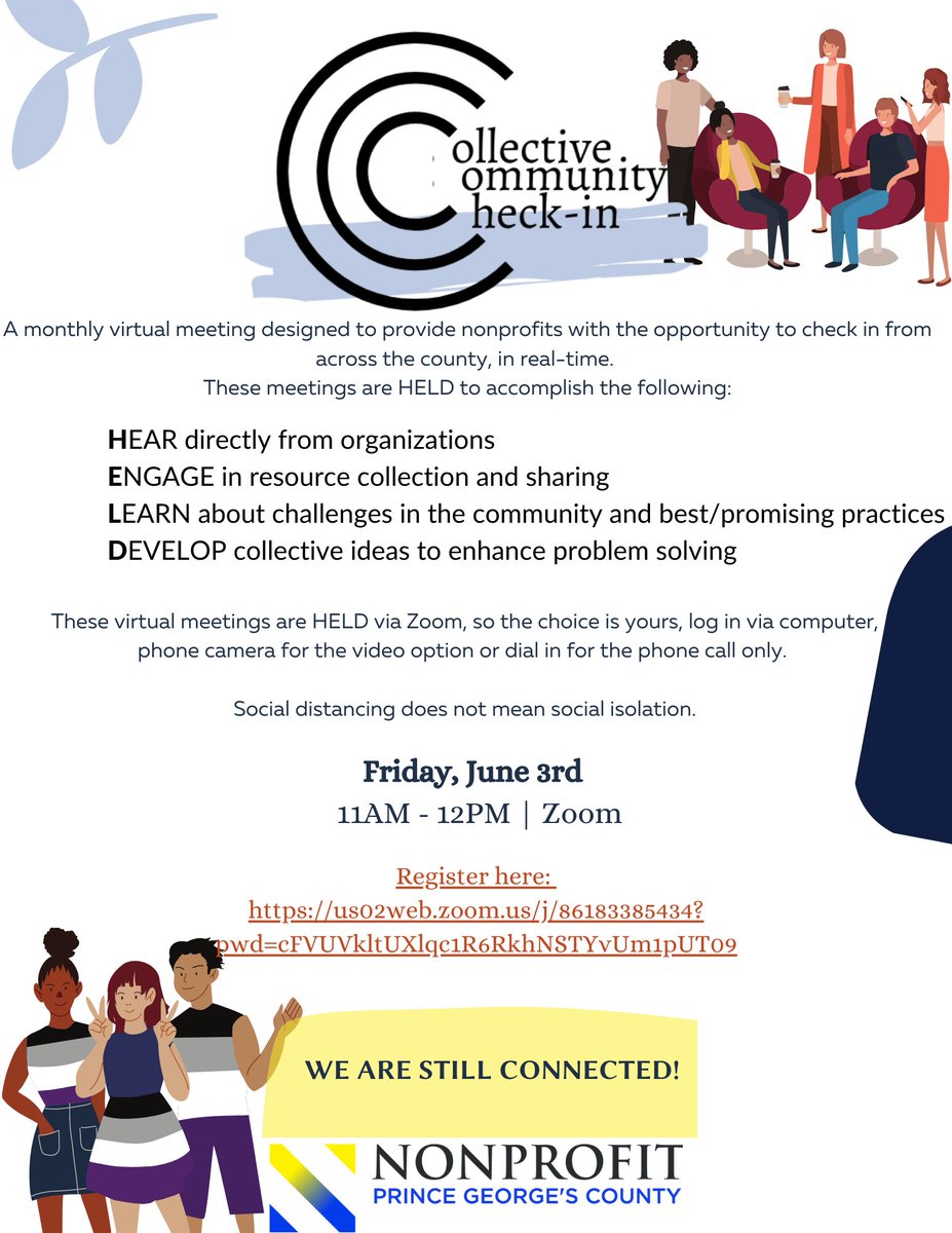 Did you miss our last Collective Community Check-In? Don't worry there's still time to sign-up for our next one on June 3, 2022. Join us in an open discussion and network with others in your community.
nonprofitpgc.growthzoneapp.com/ap/Events/Regi…