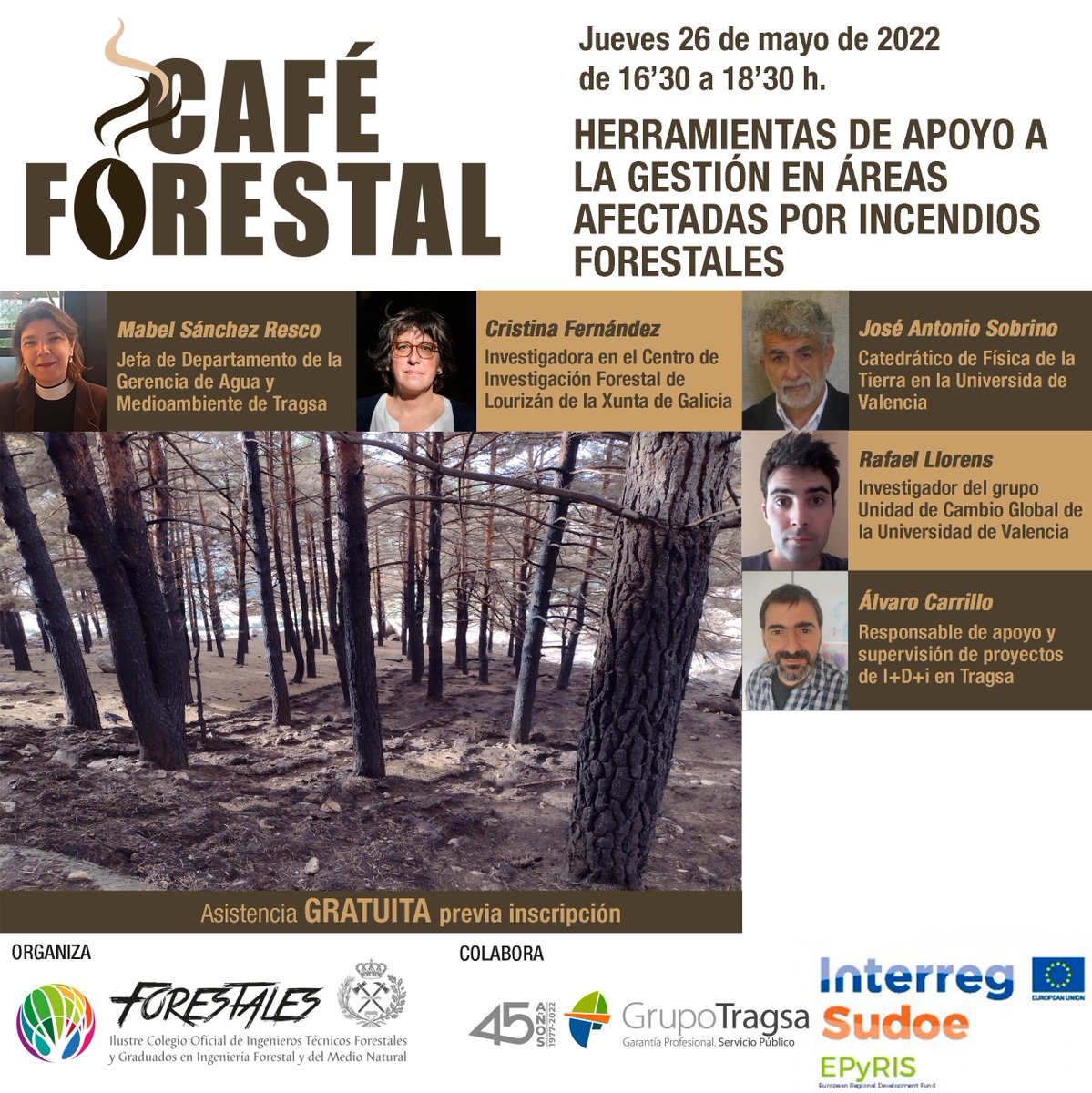 IngForestal50's tweet photo. Comienza en estos momentos el #CaféForestal "HERRAMIENTAS de APOYO a la GESTIÓN en ÁREAS AFECTADAS por INCENDIOS FORESTALES" - Proyecto @EPyRIS. Presenta y modera Luis Ocaña, Vocal de la Junta de Gobierno de @IngForestal50. https://t.co/0kDlhWrJVG