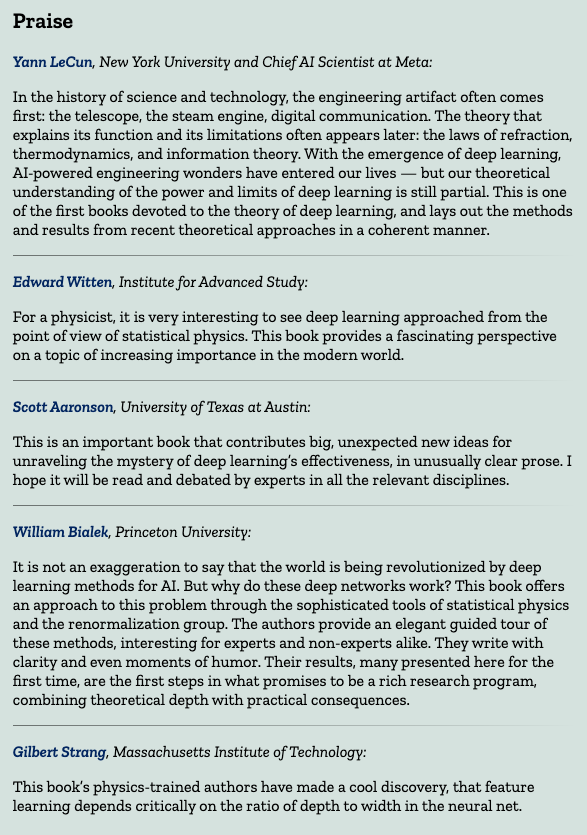 danintheory's tweet photo. Thanks to @ylecun, @witten271, Scott Aaronson, @wbialek, and Gilbert Strang for your wonderful endorsements!
 
2/4 https://t.co/u5cTNBrHub