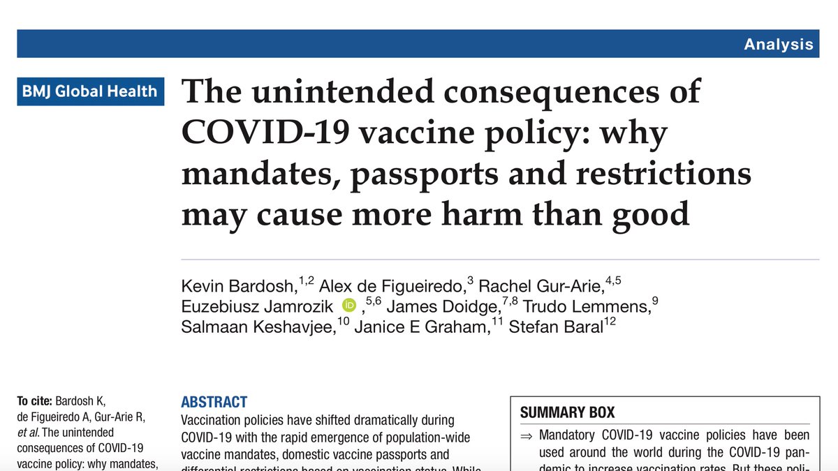 📢 Our paper on COVID-19 vaccine policy has been published💉🦠 We discuss 12 unintended consequences of mandates and passports across society & argue that pandemic vaccine policies have caused more social harm than good Read the paper: gh.bmj.com/content/bmjgh/…