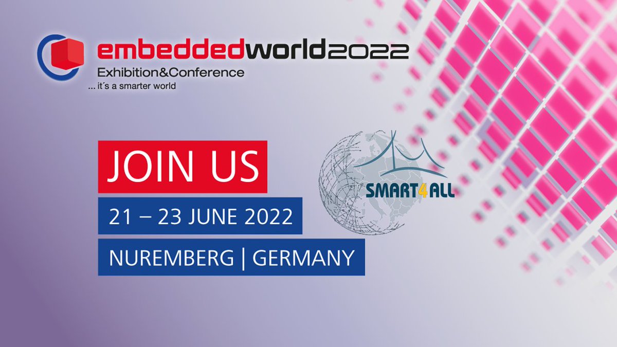 📣 Save the dates❗️
📆 On 21-23 June, #SMART4ALL will be present in the <a href="/embedded_world/">embedded world</a> in Nuremberg, one of the biggest electronics shows in Europe🔝
🙌 You are all welcome to visit our booth
🆓 tickets will be soon available. Stay tuned for the details on how to claim one
#ew22
