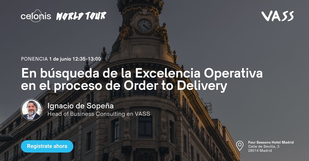 VASS_Company's tweet image. 💎¿Cómo lograr la excelencia operativa en el proceso #OrderToDelivery?
Asiste a la ponencia de Ignacio De Sopeña, Head of  Business Consulting, el 1 de junio a las 12:35 PM en #CelonisWorldTour, organizado por @Celonis. 
Inscripciones e info⬇
ow.ly/wozm50JhqVm
#EMS
