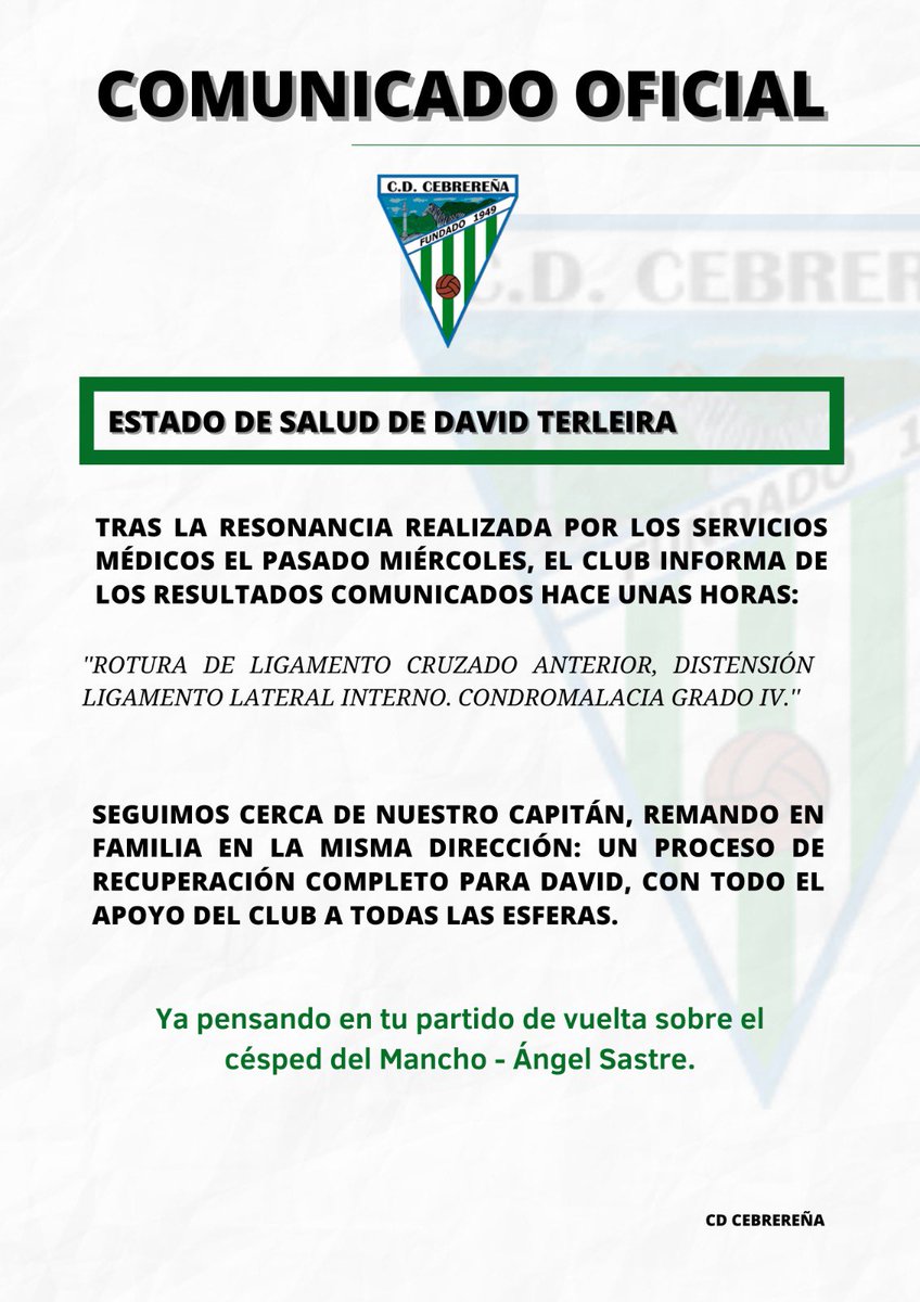 𝗖𝗢𝗠𝗨𝗡𝗜𝗖𝗔𝗗𝗢 𝗢𝗙𝗜𝗖𝗜𝗔𝗟❕

🏥 Resultados de la lesión en la rodilla izquierda de <a href="/terle_15/">david terleira</a> 

💚 Contigo, cerca, tu familia, deseando verte disfrutar de tu pasión de nuevo. 𝗖𝗔𝗣𝗜𝗧𝗔́𝗡 🤍