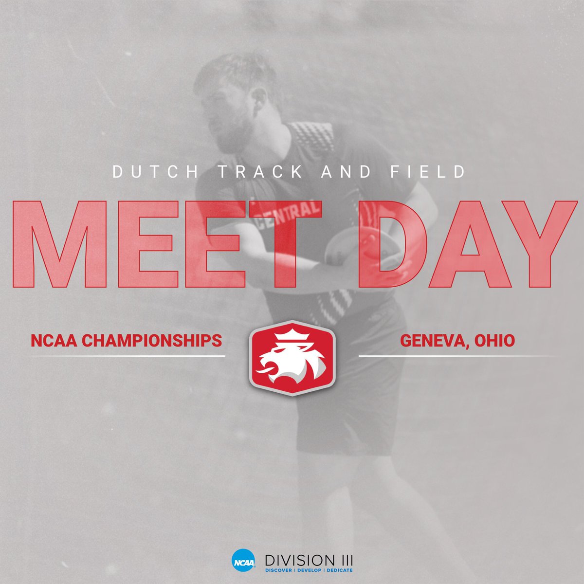 DIII Championships 🏆

Today’s schedule:

10:30 AM - Men’s Discus 
10:30 AM - Decathlon 100
11:15 AM - Decathlon LJ
12:25 PM - Decathlon SP
1:30 PM - Men’s LJ
1:45 PM - Decathlon HJ
3:40 PM - Decathlon 400
6:10 PM - Women’s 3000SC

*All times are EDT
#DutchTFamily