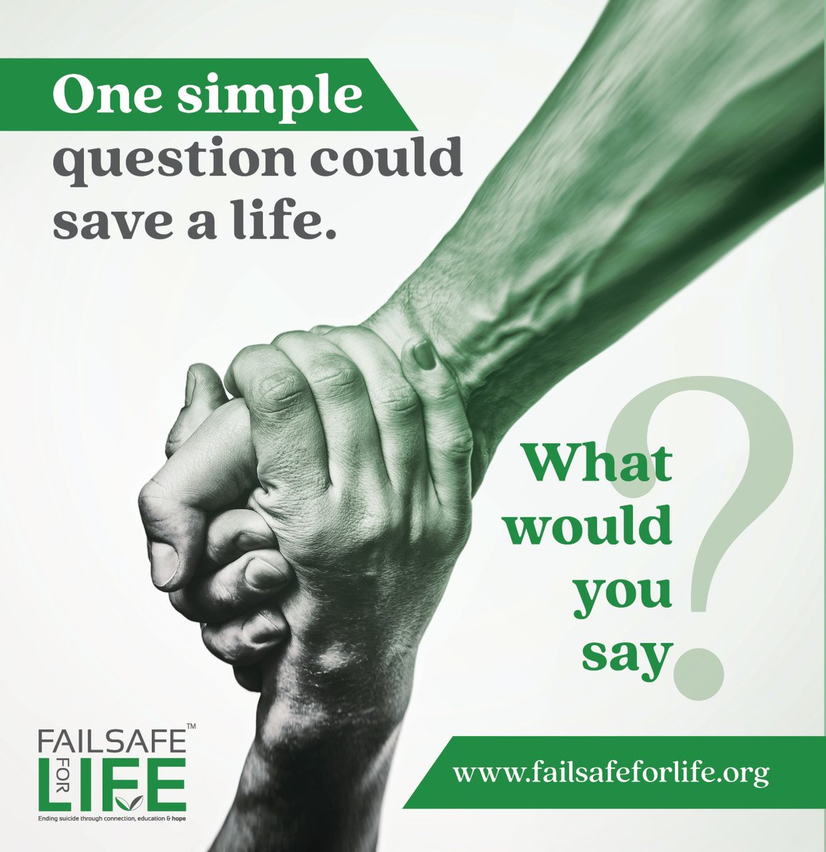Did you know that just a simple question could stop someone from attempting suicide?  
Your donation of $30 can provide training for a community member to recognize the signs of suicide and help save a life.
paypal.me/FailSafeforLife
Learn more: failsafeforlife.org/get-involved
