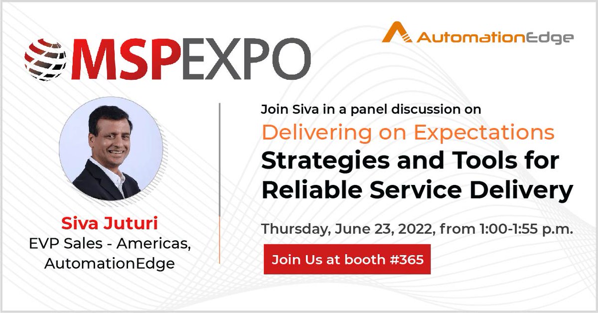 AutomationEdge's tweet photo. Join AutomationEdge, Gold Sponsor at booth #365 in the #TECHSUPERSHOW- #MSPExpo, and explore how #ConversationalIT is revolutionizing MSPs with the help of #AI and #Automation. 

Know More: https://t.co/l7YXbOC6iA

#ITAutomation #USAEvent #OfflineEvent #MSPEvent #ITExpo https://t.co/Zh2BPUNbif