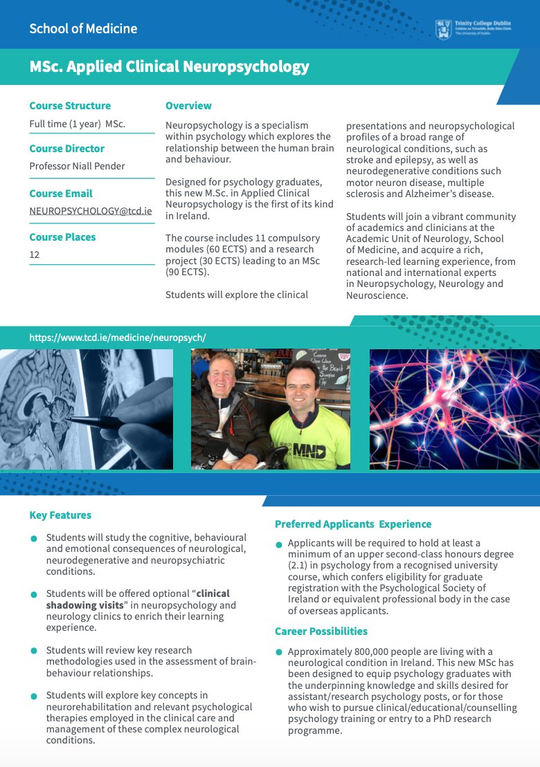 Neuropsychology workshops for clinicians/students (@bitesizeneuro) on Twitter photo NEW COURSE ON THE BLOCK 😏 MSc Applied Clinical Neuropsychology in TCD, starting September 2022 - the first of its kind in Ireland. Please RT and share with students who may be interested! For more info email NEUROPSYCHOLOGY@tcd.ie. NEW COURSE ON THE BLOCK 😏 MSc Applied Clinical Neuropsychology in TCD, starting September 2022 - the first of its kind in Ireland. Please RT and share with students who may be interested! For more info email NEUROPSYCHOLOGY@tcd.ie.