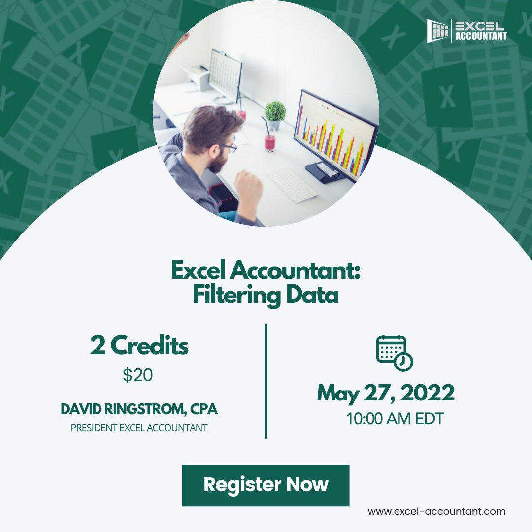 excel_account's tweet image. "Excel Accountant: Filtering Data", this insightful webinar by David Ringstrom will come live on May 27.
Book your seat: bit.ly/3ivjbQU
#filteringdata #filterdata #excelspreadsheets #exceltips #exceltricks #excelshortcuts #continuingeducationcourses