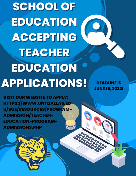 We are accepting applications for the Teacher Education Program!!! The upcoming deadline is June 15, 2022!

Please visit the link to apply: untdallas.edu/soe/resources/…