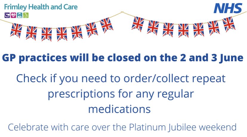The NHS is encouraging people to celebrate with care and think ahead and stay healthy over the Platinum Jubilee.
 
GP practices will be closed on the 2 and 3 June.
 
Some local pharmacies will have restricted opening times 2-3June– click here for details england.nhs.uk/south-east/our…