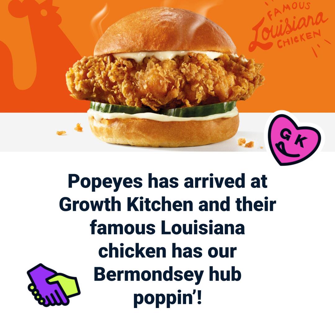 GKdotco's tweet photo. 🐔😎 @PopeyesUK, the iconic US fried chicken restaurant brand has joined us in our Bermondsey hub and we couldn’t be happier! 👏  We’re so proud to have you with us. Get ready for the chicken sandwich that broke the internet according to #Bloomberg! https://t.co/sMCaew9CAA