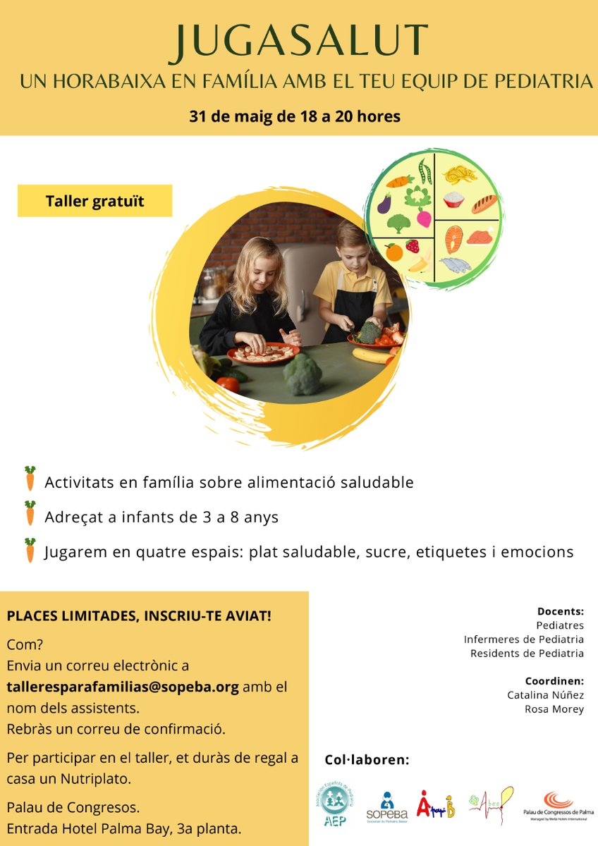AEP_EnFamilia's tweet photo. La primera actividad que organiza la Sociedad de Pediatría Balear @PediatriaBalear es un taller de alimentación sana para familias basado en el juego 🥑

📍 31 de Mayo en el Palau de Congressos de Palma, de 18 a 20 h.

Inscripciones en el correo: talleresparafamilias@sopeba.org https://t.co/xvj0AGHFNy