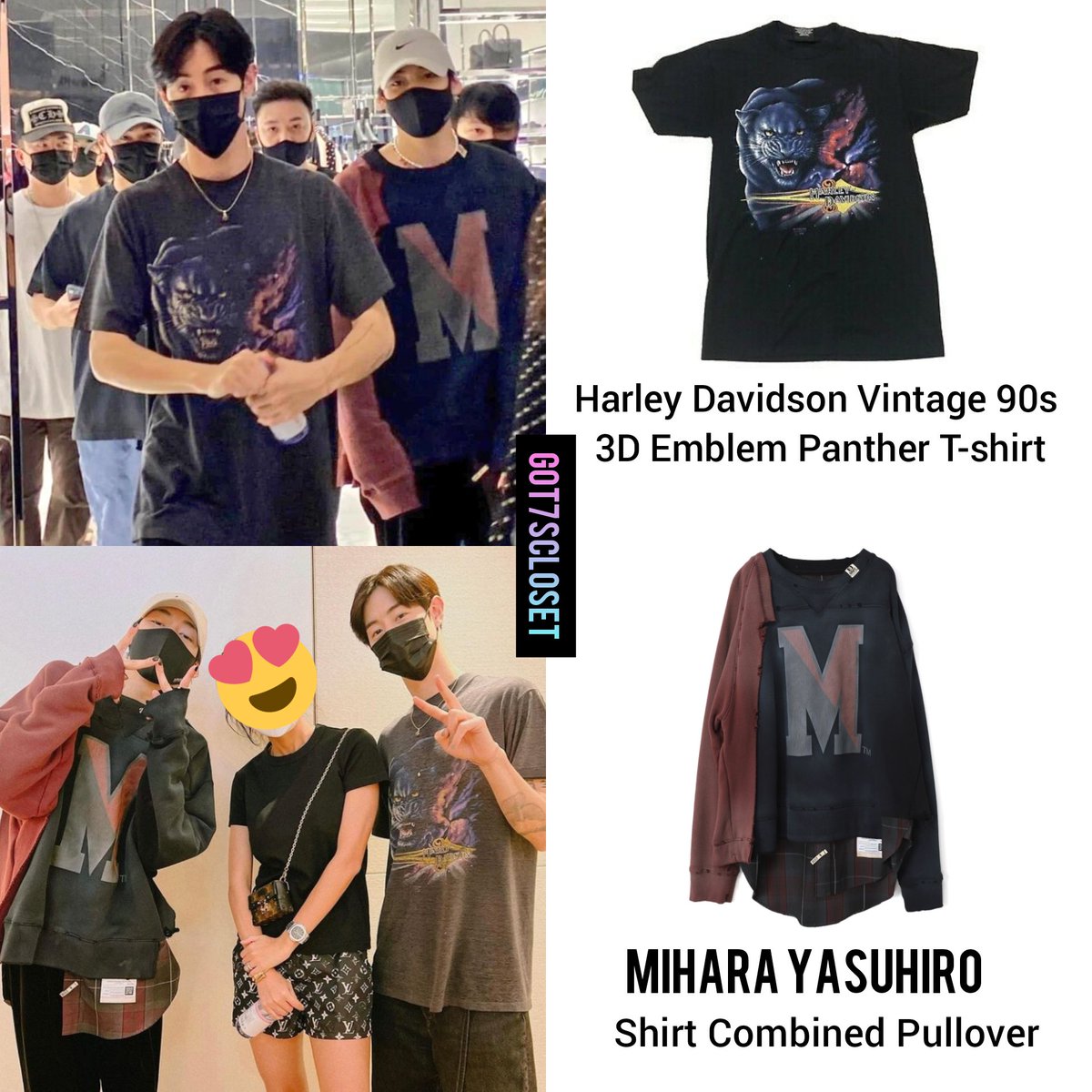 got7scloset's tweet photo. [220525] Mark and Bambam - Thailand

• Harley Davidson Vintage 90s 3D Emblem Panther T-shirt.
approx. $150 USD on eBay.

• MIHARA YASUHIRO - Shirt Combined Pullover
JP¥52,800 / $415 USD

#GOT7 #갓세븐 #MARK #마크 #뱀뱀 #BAMBAM #MTBB #MARKBAM  @BamBam1A @marktuan @GOT7 https://t.co/T07hhb8KCE