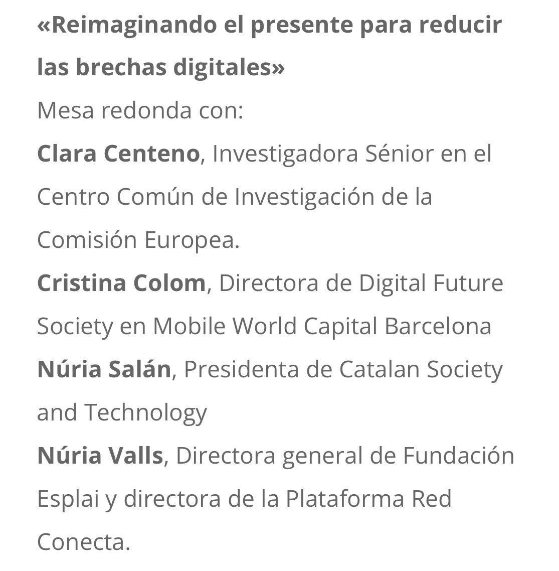 «Reimaginando el presente para reducir las brechas digitales» Mesa redonda con 4 #mujeres expertas en #CompetenciasDigitales revisando opciones de presente y futuro para garantizar los derechos digitales de toda la ciudadanía #ForoDerechosDigitales