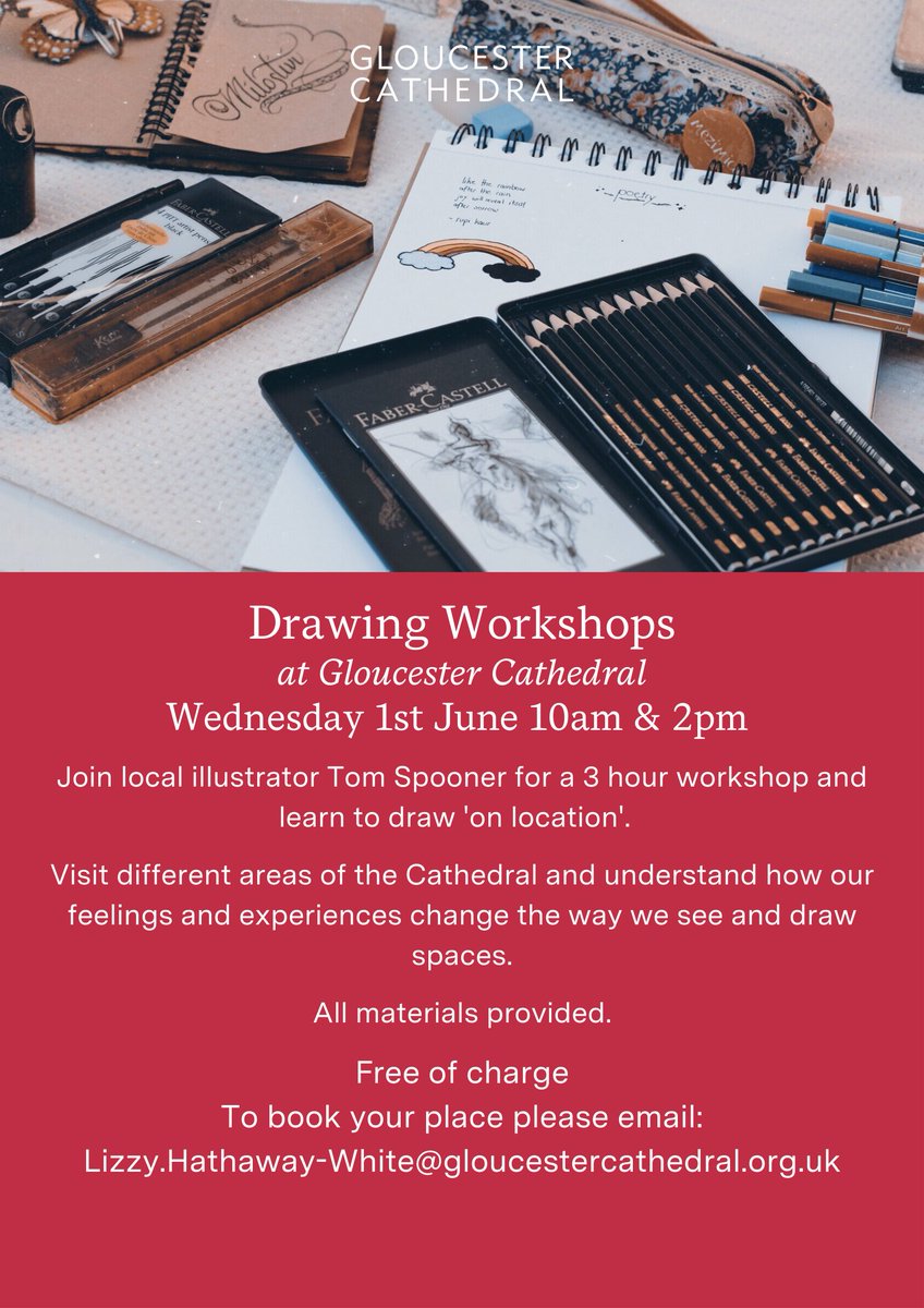 All are welcome to join us for a drawing workshop this Wednesday! ✏️
We're delighted to be hosting drawing workshops on Wednesday 1 June led by local illustrator, Tom Spooner. 
To book your place, please email Lizzy.Hathaway-White@gloucestercathedral.org.uk 📥
