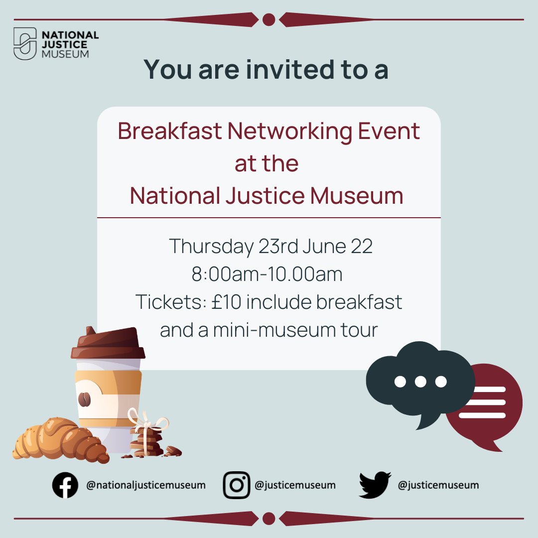 Join us for our first #networking breakfast of 2022!

Start the day with us in our historic building, making new connections and a having a tour around the National Justice Museum, with one of our costumed interpreters 🥐☕️

nationaljusticemuseum.org.uk/museum/events/…