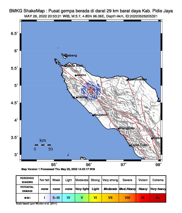 #Gempa Mag:3.7, 26-Mei-22 20:53:21 WIB, Lok:4.85 LU, 96.06 BT (Pusat gempa berada di darat 29 km barat daya Kab. Pidie Jaya), Kedlmn:4 Km Dirasakan (MMI) III Mane Pidie #BMKG