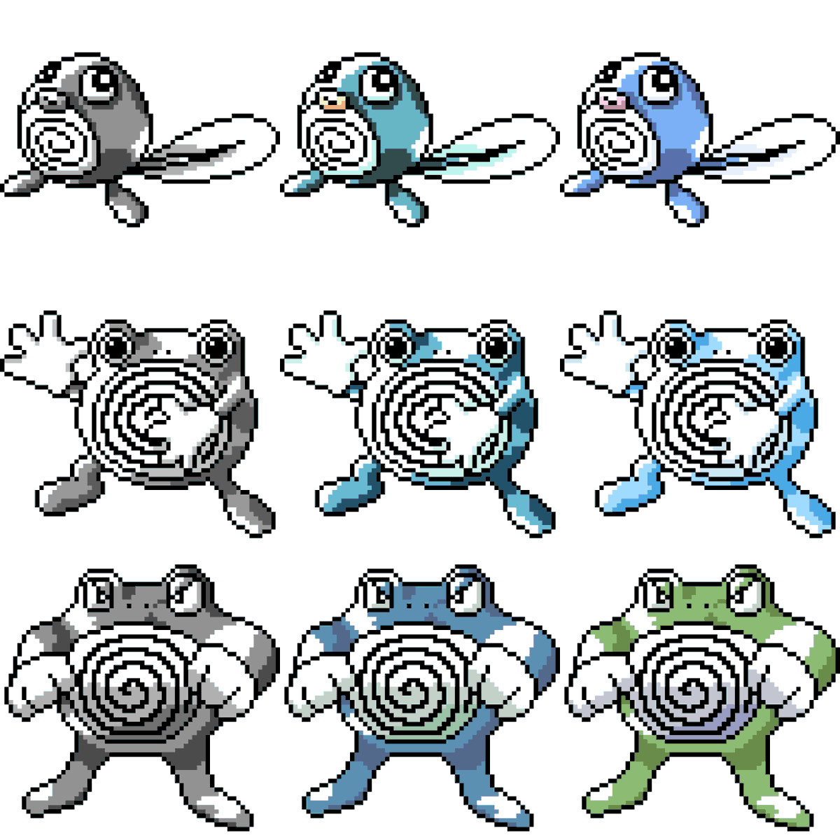 Hen_Barper's tweet photo. # 60 61 &amp; 62 #Poliwag family Sugimori art recreated as a 64x64 sprite now with shinies! 

See the process: https://t.co/Lct4EAhRJk

#pokemon #pokemonart #draw #pixelart #pokemonfanart #Poliwhirl #Poliwrath https://t.co/oNMQCD5YQF