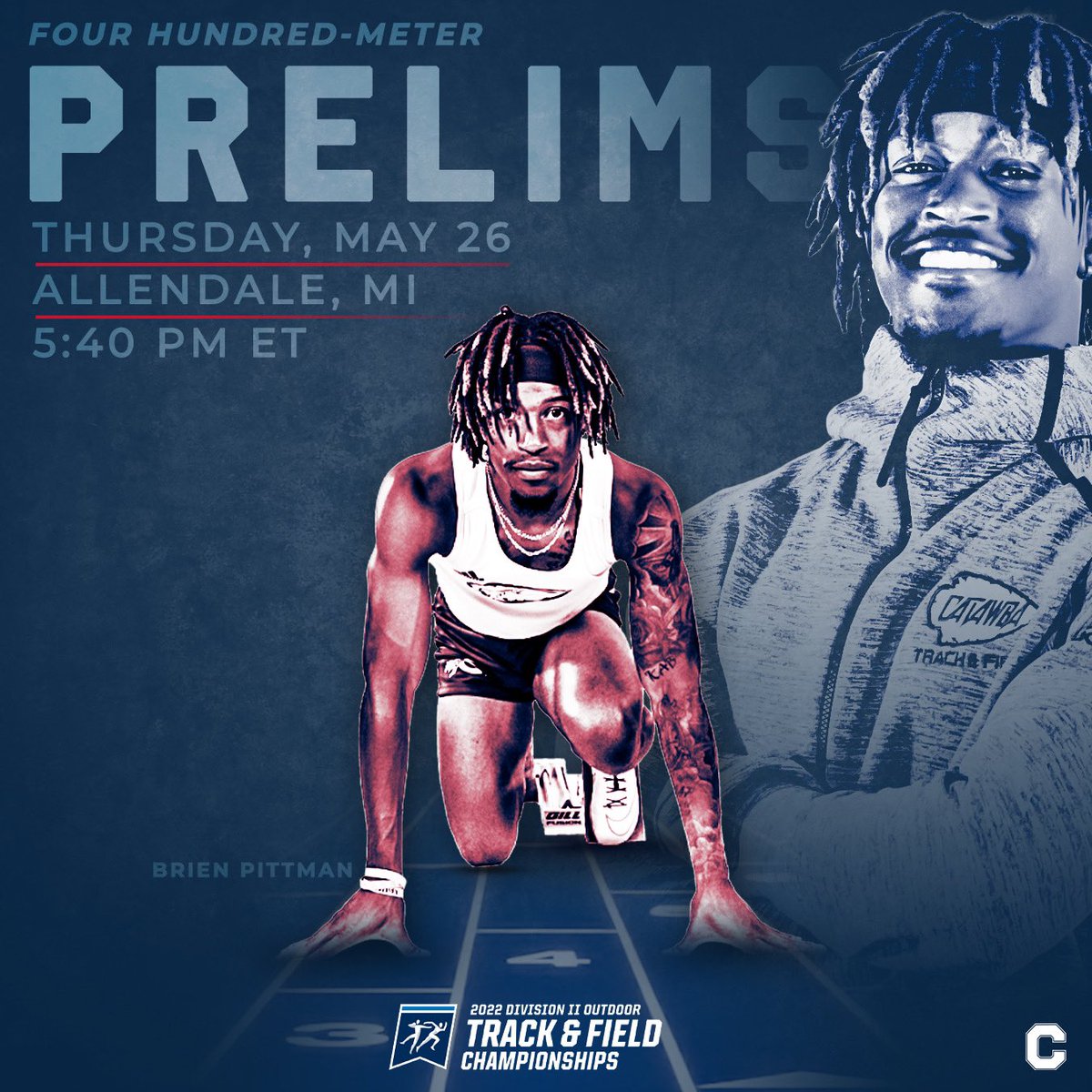Brien Pittman runs in Heat Two of the 400-meter prelims at the <a href="/NCAADII/">NCAA Division II</a> Outdoor Championships tonight!

📍Allendale, MI
⏰ 5:40 PM ET
🏟 GVSU Track &amp; Field Stadium

Live stream and results ⬇️
📺 bit.ly/3yUVtHk
📊 bit.ly/38RGCmj

#MakeHistory