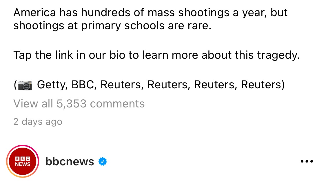 aaronhinchion's tweet photo. Only in a place where there are more mass shootings than days in the year can a @BBCNews report state “shootings at primary schools are rare”! One shooting at a school is too many shootings. https://t.co/3WXZ7tXtgO