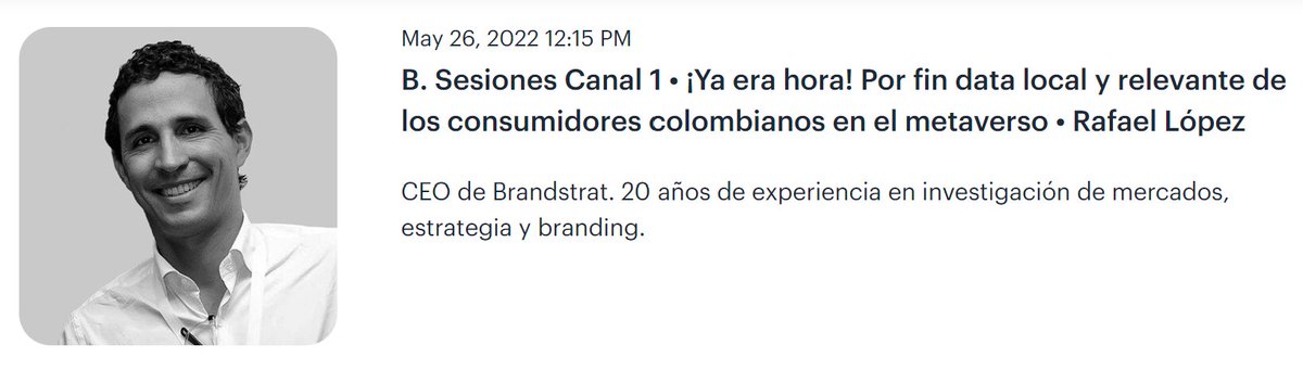 PaoloMiscia's tweet photo. Hoy a las 12:15 pm en el #IABday imperdible:
Rafael López de #brandstrat mostrará data (y metodología) de #expedia22, el primer estudio colombiano del metaverso. https://t.co/PDuFQYciEr