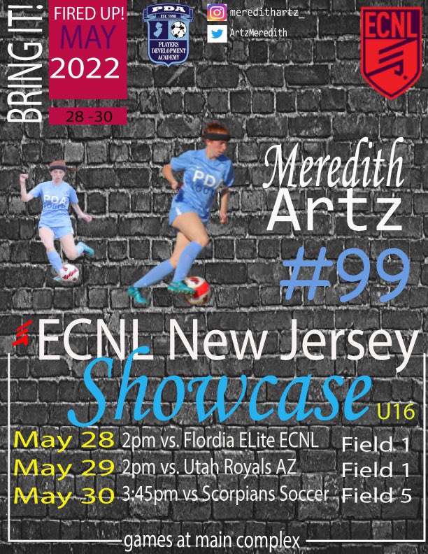 ArtzMeredith's tweet photo. Hi Coaches!! Please come watch my team @PdaSouth 06 ECNL and I at the NJ ECNL Showcase this weekend! Safe travels to everyone coming in to play as well! @ECNLgirls @ImCollegeSoccer @wearesoccershow #HS2025 #99 https://t.co/TyWH8JuelS