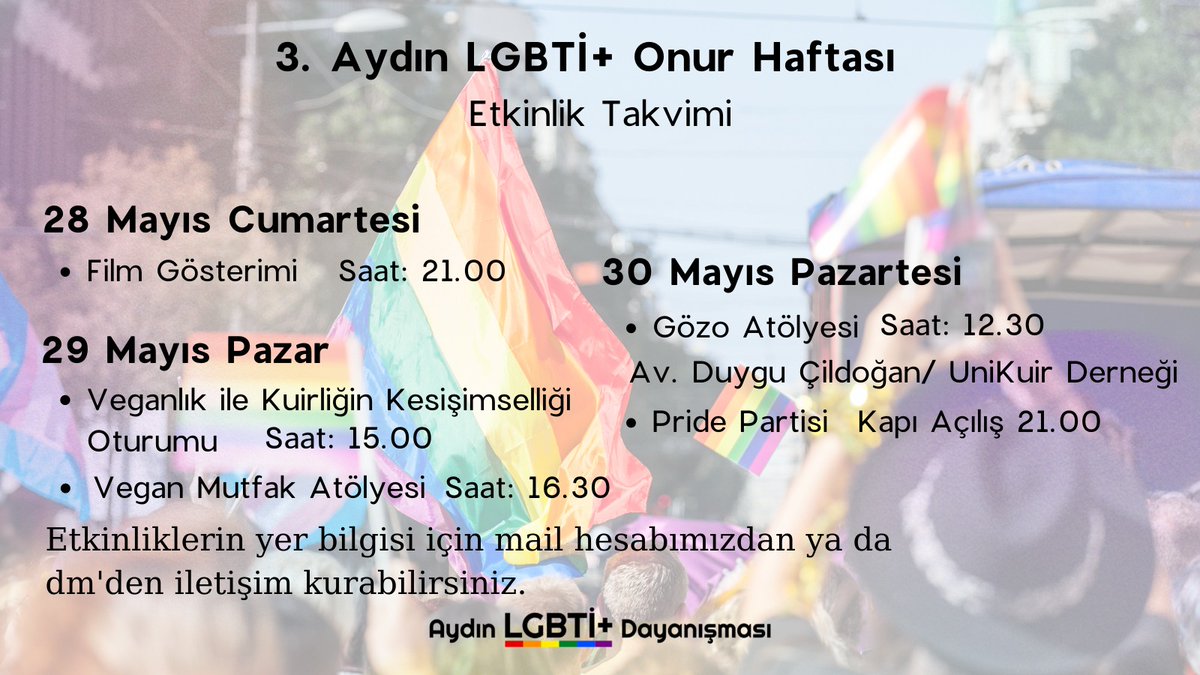 aydinlgbti's tweet photo. Lubunyaya her ay Pride ayı diyerekten 3. Aydın LGBTİ+ Onur Haftası Etkinliklerini sizlerle paylaşıyoruz!

Bu yıl üçüncüsünü gerçekleştireceğimiz Aydın LGBTİ+ Onur Haftası ekinliklerimizin şugarlığına şugarlık katacak olan sizleri bekliyoruz 🎉
#AydınOnurHaftası #3AOH
#PRIDE2022 https://t.co/xjopTZE97Z