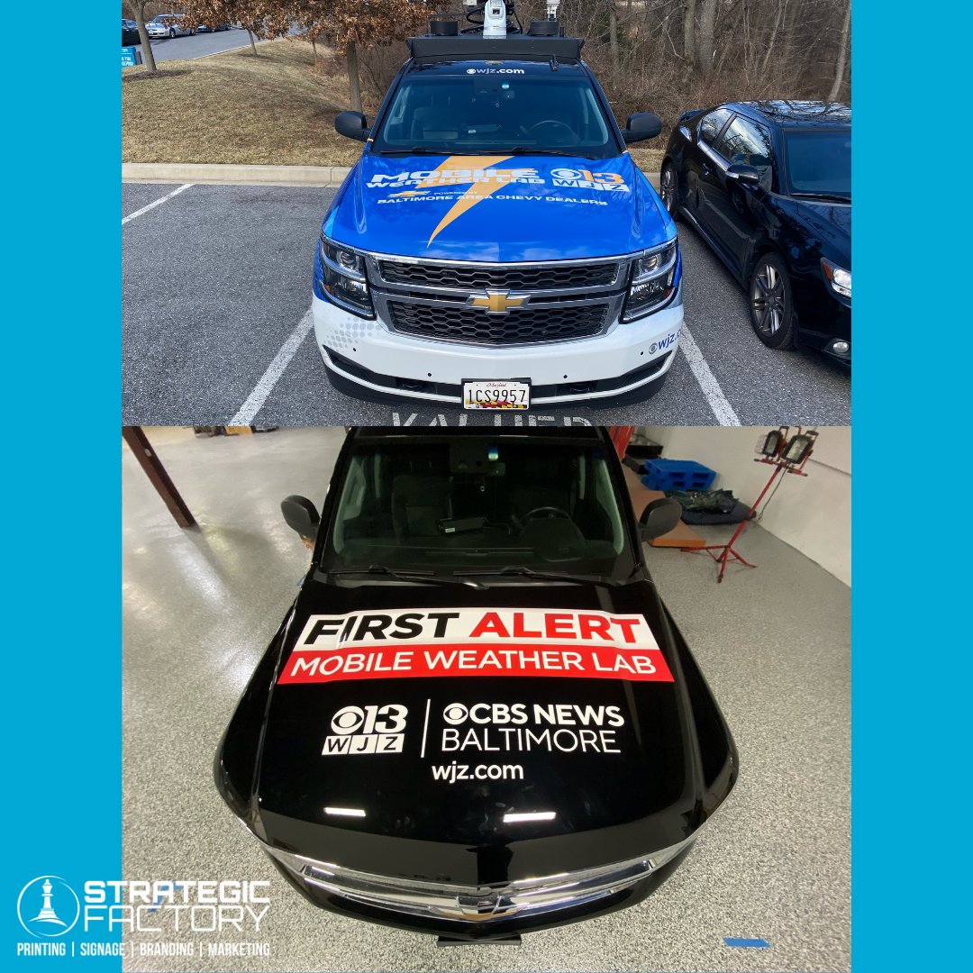 Strategicfact's tweet photo. We had a blast working with @wjz on their vehicle graphics! Witness the incredible transformation from full wrap to more subtle decals.
#vehiclegraphics #vehiclewrap #WJZ #branding #marketing #mobileweatherlab #CBSBaltimore https://t.co/L0iONCaYkq