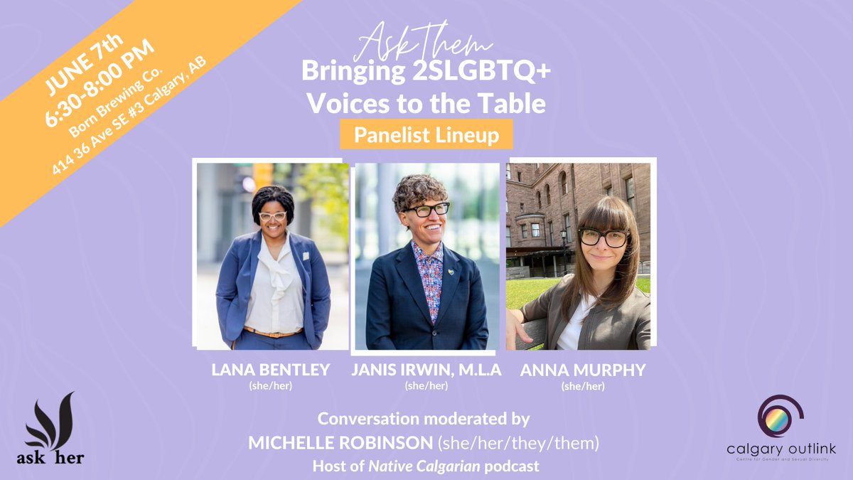 Our #AskThem event is less than 2 weeks away, check out our amazing panelist lineup! <a href="/JanisIrwin/">Janis Irwin</a> <a href="/TheAnnaMurphy/">Anna Murphy</a> <a href="/LanaBentleyYYC/">Lana Bentley</a> <a href="/N8V_Calgarian/">Native Calgarian Podcast they/them/cis</a>

Check out Eventbrite for more details on our panel and to register! ow.ly/L7pi50Jii2W

#AskHer #SheBelongs #yyc
