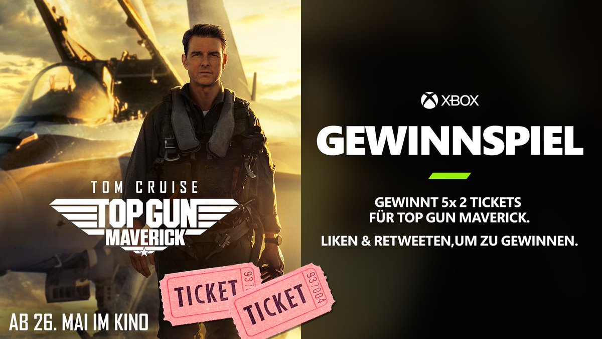 XboxDACH's tweet image. Ab heute gibt’s Top Gun: Maverick nur im Kino &amp;amp; wir verlosen passend dazu 5x 2 Kinotickets! 😎

So macht ihr mit:
1. @XboxDACH folgen ✅
2. Tweet liken + RT ❤️🔁

TNB 👉 xbox.com/de-DE/promotio…