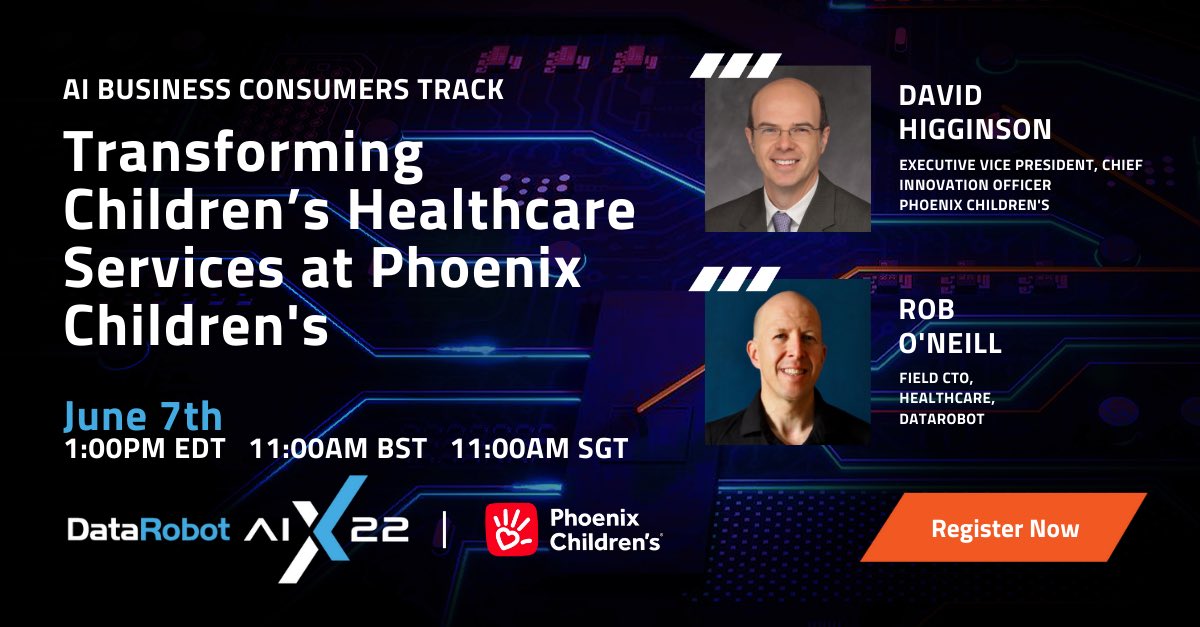 Join us at #DataRobotAIX22 &amp; see how Phoenix Children's #health  is transforming how clinicians harness #data to identify undiagnosed malnutrition and to improve lives of families in Arizona. Register today for #DataRobotAIX22 
bit.ly/3Lhyybz  #ai #ml #analytics #health