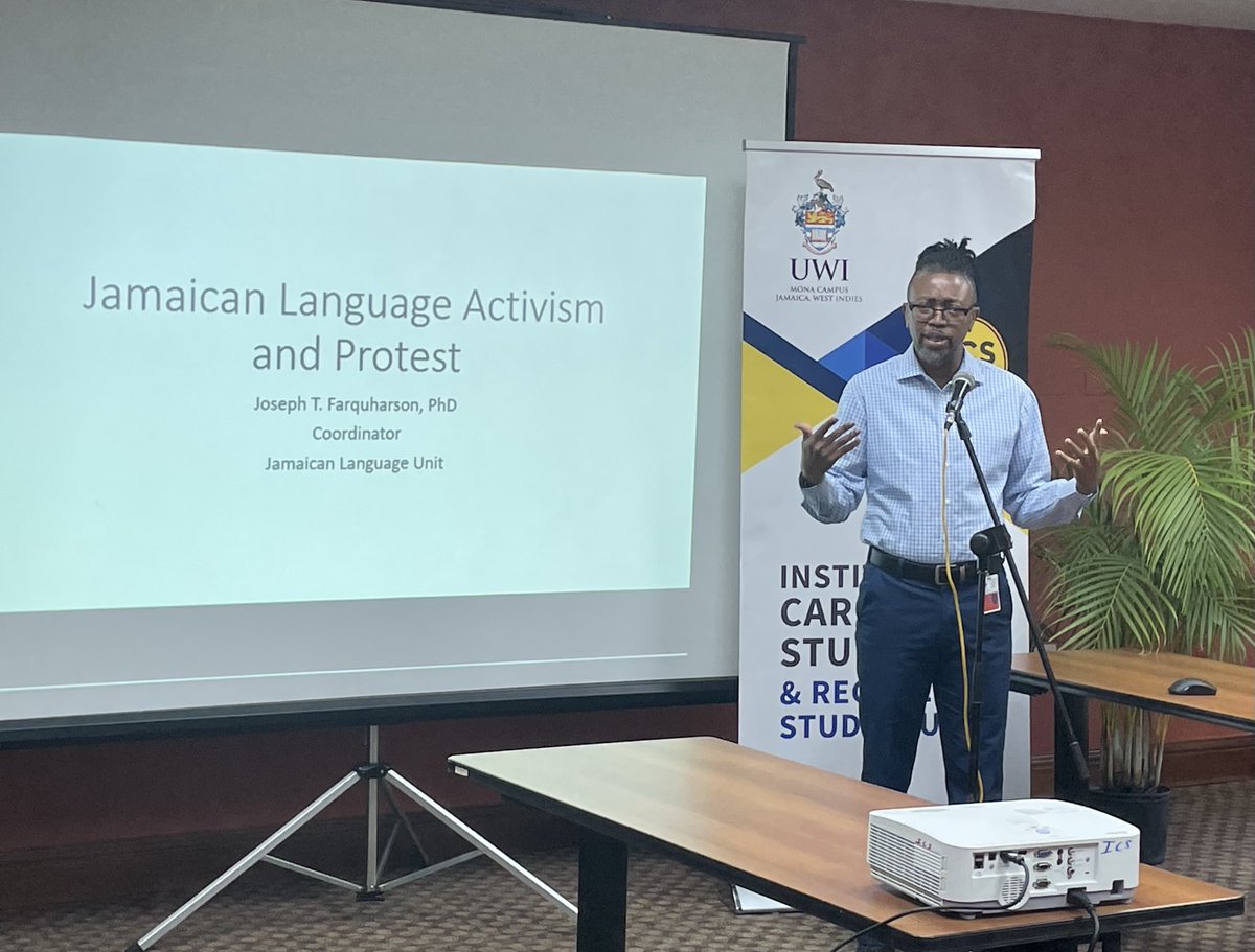 Day 4 of the 2022 UWI-UoL International Summer School!Joseph Farquharson of UWI’s Jamaican Language Unit opening the day with an eloquent talk on Jamaican Language Activism and Protest <a href="/jtfarquharson/">Joseph Farquharson</a> ⁦<a href="/UWImona/">The UWI Mona Campus</a>⁩ ⁦<a href="/ICSmona/">ICS, UWI Mona</a>⁩ ⁦@Arts_UoL⁩ ⁩#protest2022