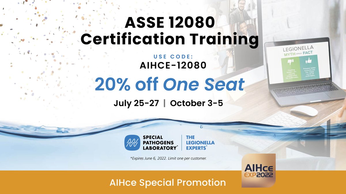 Wrapping up the #AIHceEXPO with one more deal! 20% off the ASSE 12080 LIVE, 3-Day Virtual Training. Get certified to the ASSE/IAPMO/ANSI 12080 Standard: Professional Qualifications Standard for Legionella Water Safety and Management Personnel. 
bit.ly/3a0nvXz