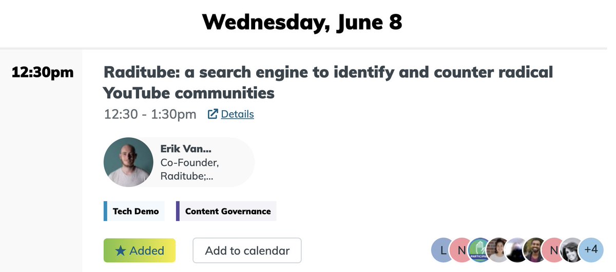 Join us at @RightsCon to learn about the tech we’re developing for human rights defenders.
June 8th AMA and tech demo at 12:30 PM EDT with Co-Founder Erik van Zummeren
Raditube:  a search engine to identify and counter radical YouTube communities
<a href="/humanrights1st/">Human Rights First</a>