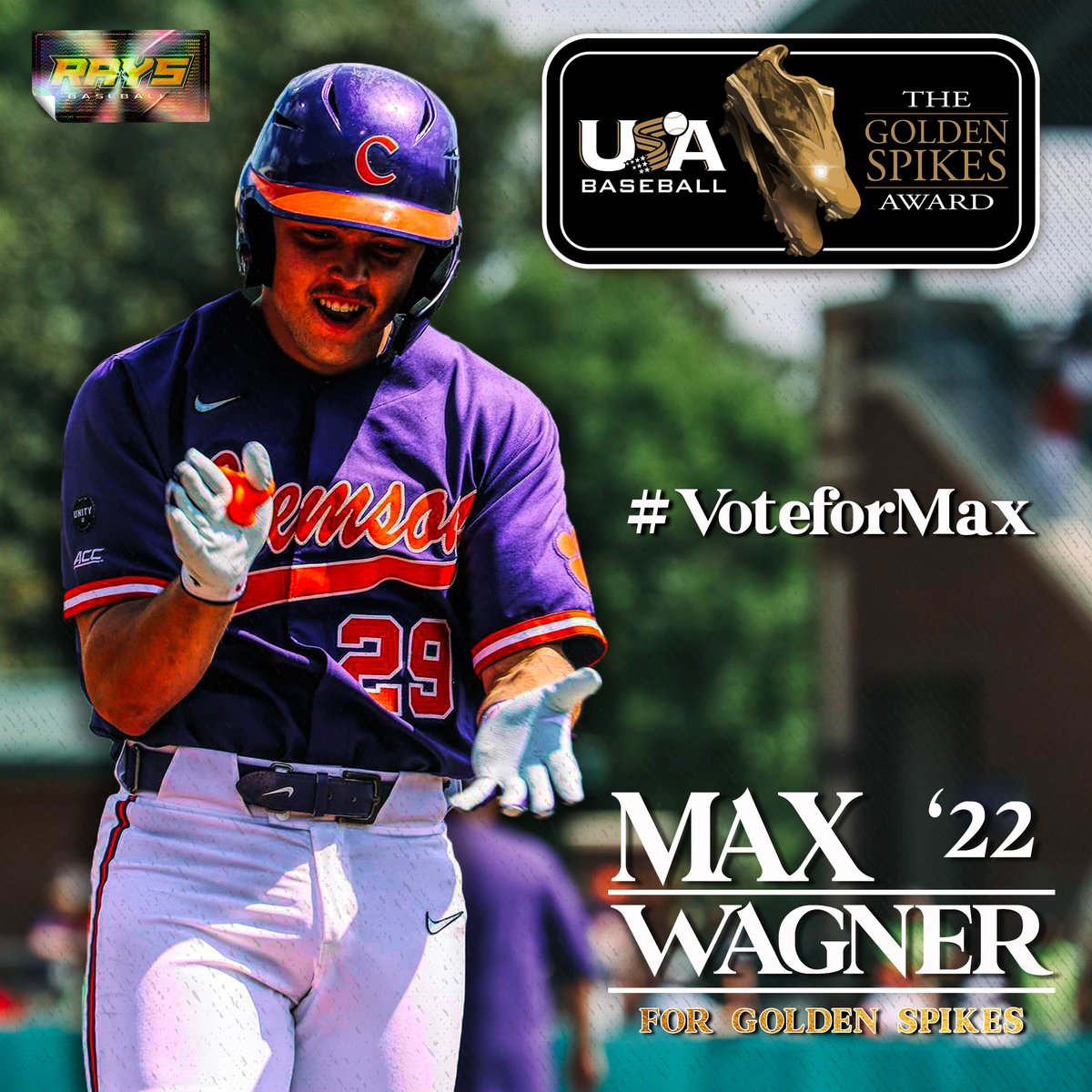 GRBRays's tweet photo. 🗳️ 𝐓𝐈𝐌𝐄 𝐓𝐎 𝐑𝐎𝐂𝐊 𝐓𝐇𝐄 𝐕𝐎𝐓𝐄 🗳️

Vote 𝐌𝐀𝐗 𝐖𝐀𝐆𝐍𝐄𝐑 for this year's @USAGoldenSpikes Award ➡️ https://t.co/oUjgLiBs9w

𝚆𝚎 𝚊𝚛𝚎 𝚝𝚑𝚎 𝙶𝚁𝙱 𝚁𝚊𝚢𝚜, 𝚊𝚗𝚍 𝚠𝚎 𝚊𝚙𝚙𝚛𝚘𝚟𝚎 𝚝𝚑𝚒𝚜 𝚖𝚎𝚜𝚜𝚊𝚐𝚎

Make sure to RT and #VoteforMax

CC: @ClemsonBaseball https://t.co/xqLioaHyM5
