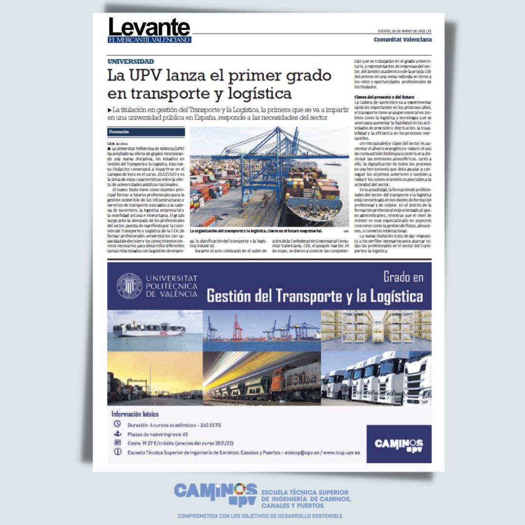 🔴  El diario Levante EMV <a href="/LevanteEmv/">LevanteEMV</a> también incluye hoy un #reportaje sobre la nueva titulación que impartirá <a href="/CaminosUPV/">Caminos UPV</a> a partir del curso 2022/23,  el nuevo grado en #Gestión del #Transporte y la #Logística de la <a href="/UPV/">Universitat Politècnica de València</a>
<a href="/transporteysoc/">Transporteysociedad</a>