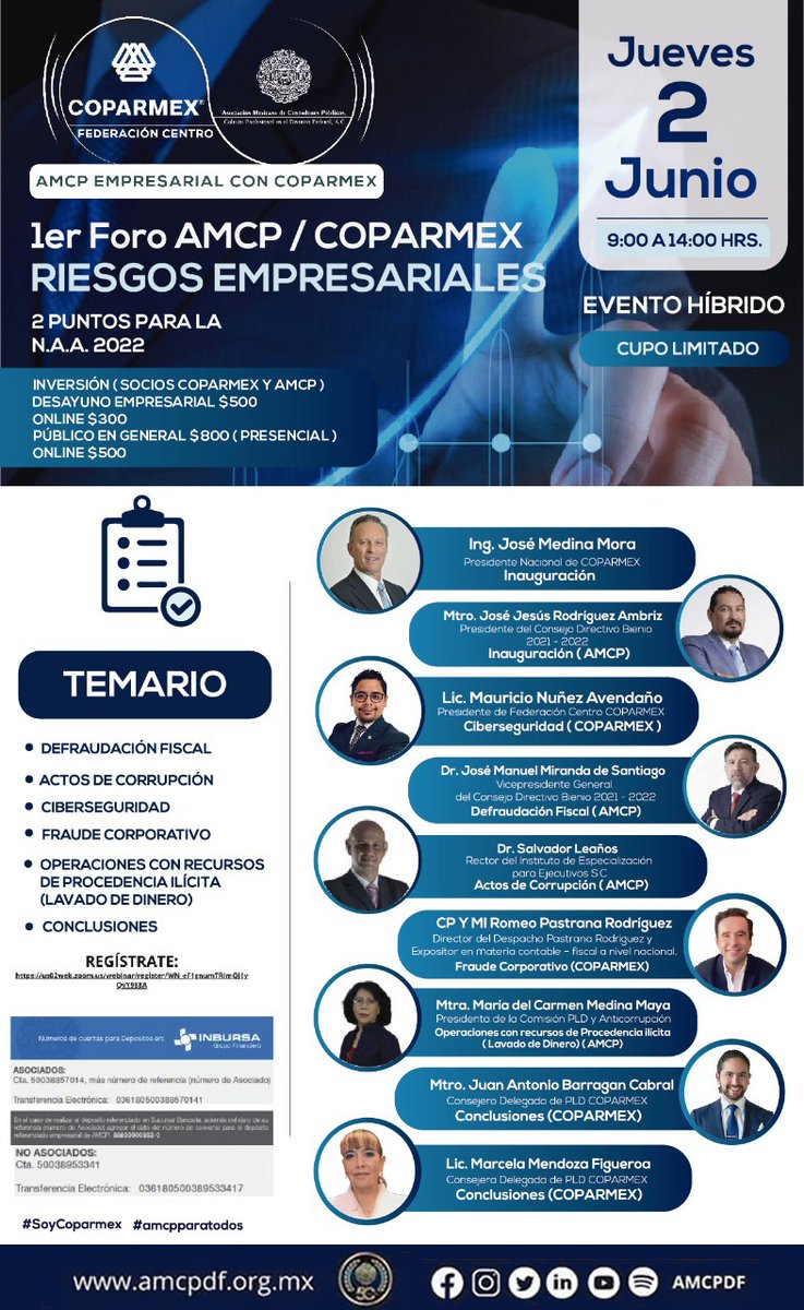 La #AMCPDF, #FederacionCentro y Consejería Delegada de #PLD de COPARMEX Nacional te invitan a participar en:
1er Foro de Riesgos Empresariales
🗓️ Jueves 2 de junio 🕘 9:00 a 14:00 hrs.
🔗Registrate en el siguiente enlace: us02web.zoom.us/webinar/regist…

‼️NO FALTES, evento HÍBRIDO‼️