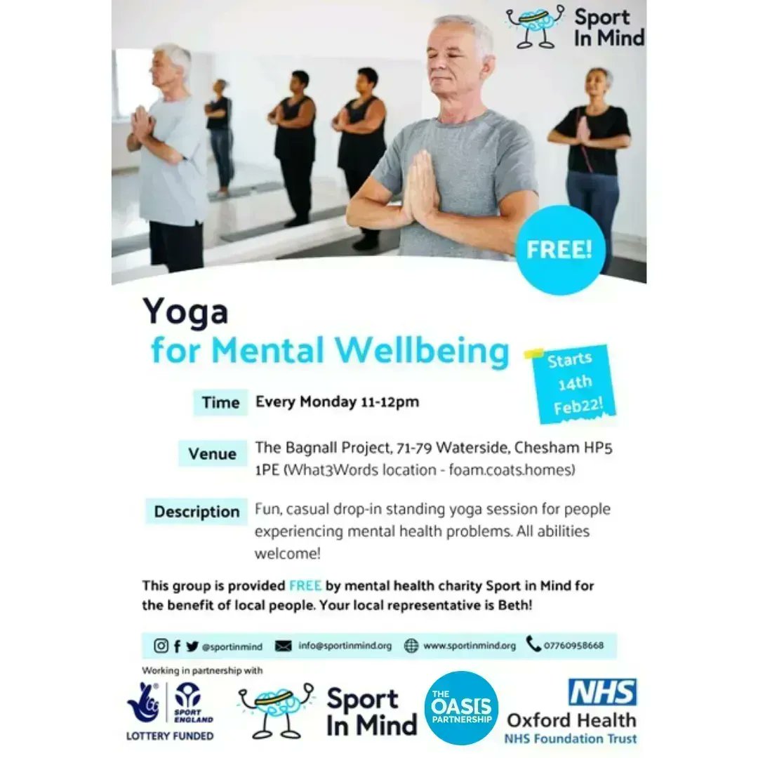 TheOasisCharity's tweet photo. Yoga for Mental Wellbeing at the Bagnall Project! 

This group is provided FREE by mental health charity @sportinmind

Get in touch to book your place. 

#health #wellbeing #mentalhealth #yoga #oasispartnership #bagnallproject https://t.co/rqXo8Ij4Qn