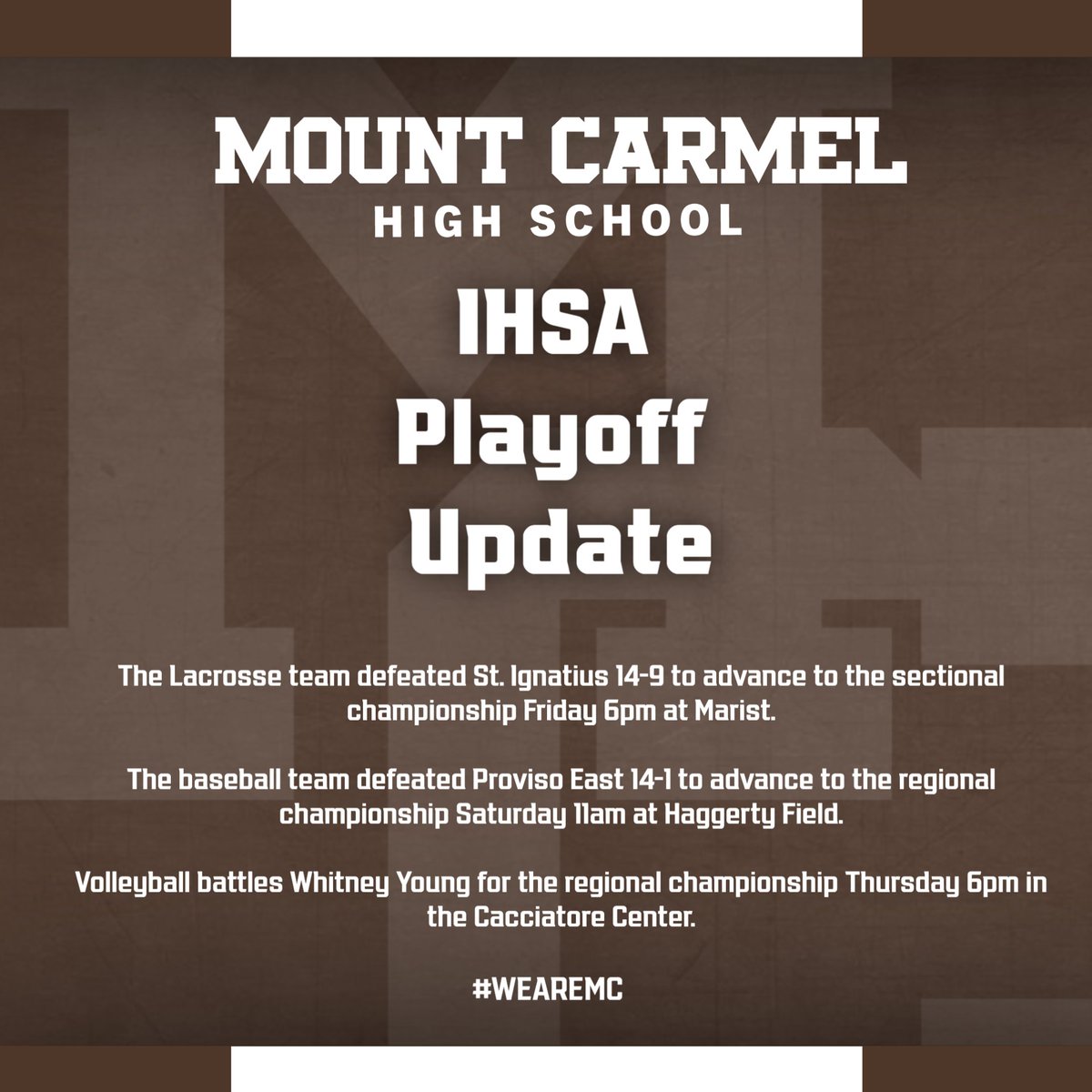 Congrats to Lacrosse, Baseball and Volleyball as they advance in the state playoffs - come out and support the Caravan!