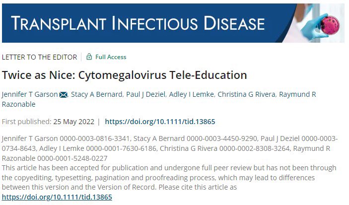 This is nice! Telehealth education to improve patient understanding of CMV signs, symptoms, and risks in D+/R- heart transplant recipients at the time of CMV prophylaxis cessation. @TheTxIDjournal @MsSmallsO @GarsonJennifer @SCrowBernard @adley_lemke doi.org/10.1111/tid.13…