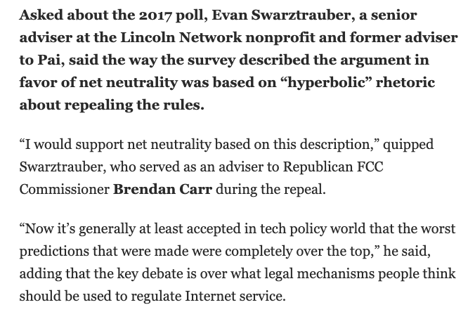 As I told @viaCristiano, I would have voted in favor of restoring the rules if presented with such a biased description.

Any poll that doesn't distinguish #NetNeutrality from Title II—and doesn't grapple with the parade of horribles never coming to fruition—is useless. https://t.co/sHLhidplfg.