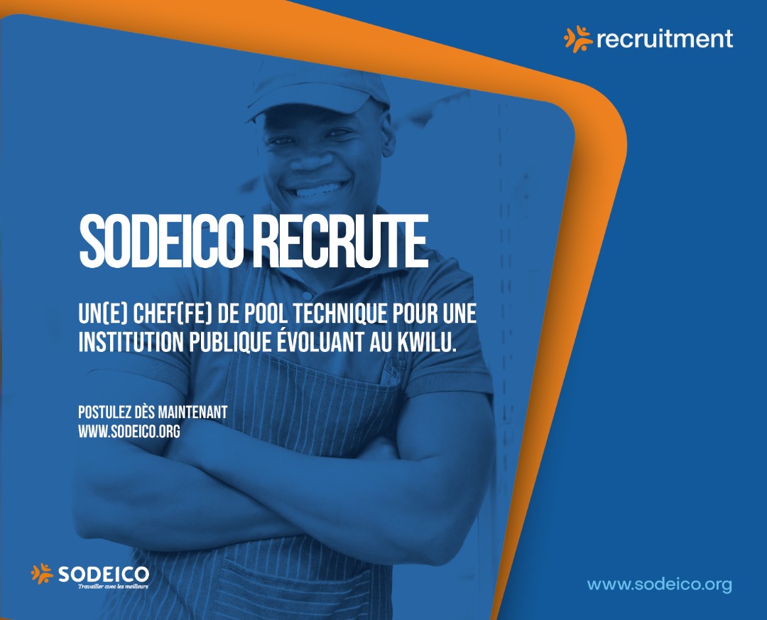 📢 Nous recrutons un(e) Chef(fe) de pool technique pour une institution publique évoluant au Kwilu.

Postulez dès maintenant 👉 bit.ly/37TT0Sg

Les candidatures féminines sont vivement encouragées.

#Sodeico #emploi #institution #province #RDC