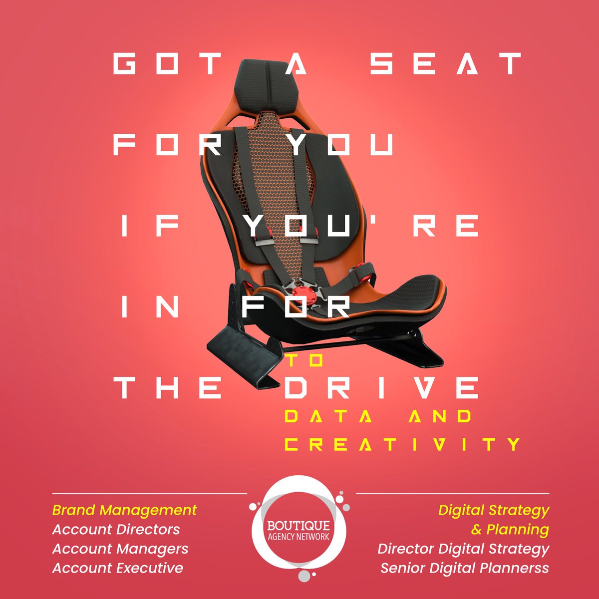 Ready set go getter! seat is all yours if you're driven enough. Apply careers@boutiqueagencynetwork.com  #careers #BoutiqueAgency