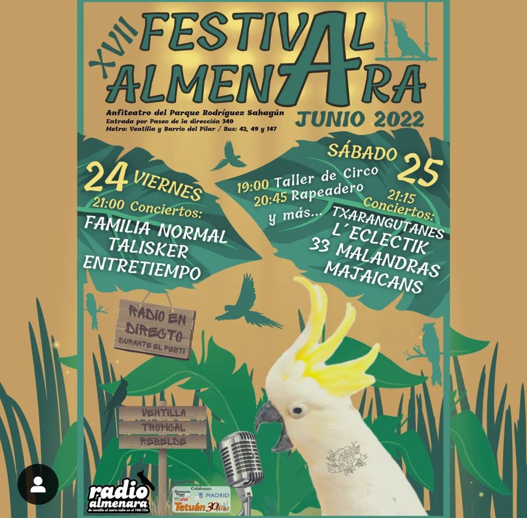 Seguimos anunciando nuevas fechas. El 25 de junio estaremos tocando en el mejor festival de Madrid. Gracias a la gente de <a href="/almenararadio/">Radio Almenara</a> volveremos a gozarla en la Ventilla tropical. Gratis, al aire libre y con el mejor ambiente.