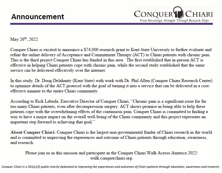 ConquerChiari's tweet photo. We are excited to announce a new research grant to @KentState to further evaluate and refine the online delivery of Acceptance and Commitment Therapy. #ChiariReserach #CCRC #CCWAA https://t.co/wQAmkljwKb